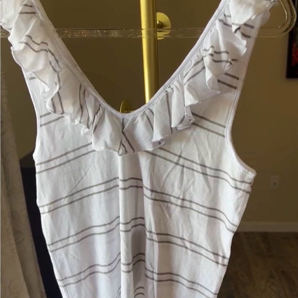 Chaser White Striped Ruffle Sleeveless Top